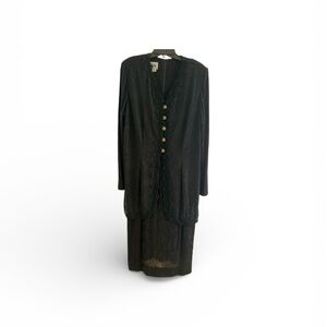Vintage Leslie Fay Black Mock Jacket Dress | Textured | Gold Buttons | Size 16